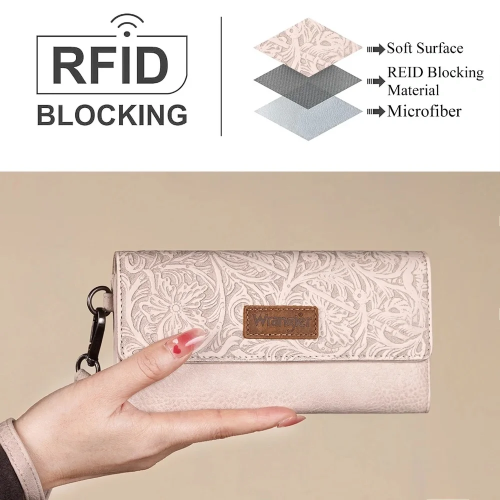 Wrangler Western Floral Tooled Tri-fold RFID Wallet/Wristlet Beige